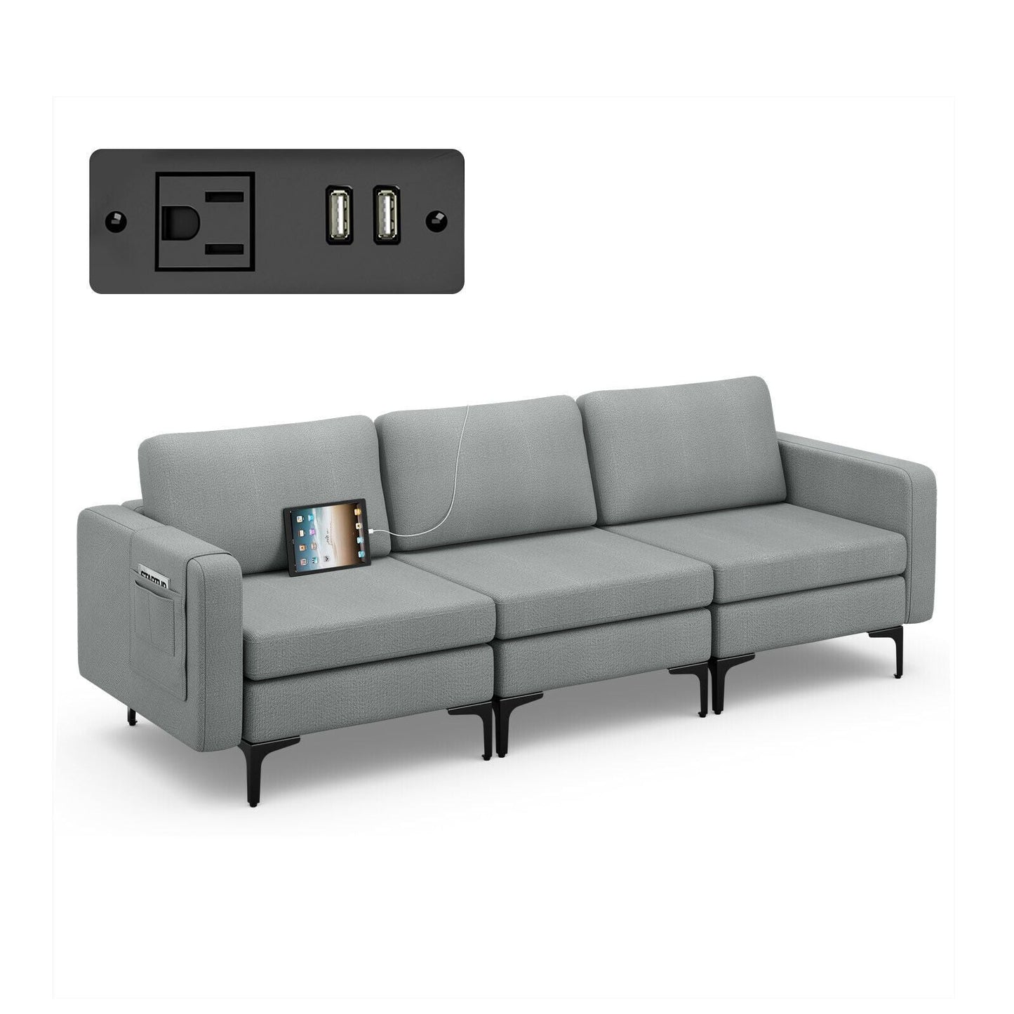Convertible Sofa Couch with Magazine Pockets 3-Seat with 2 USB Port New Era Fashion LLc