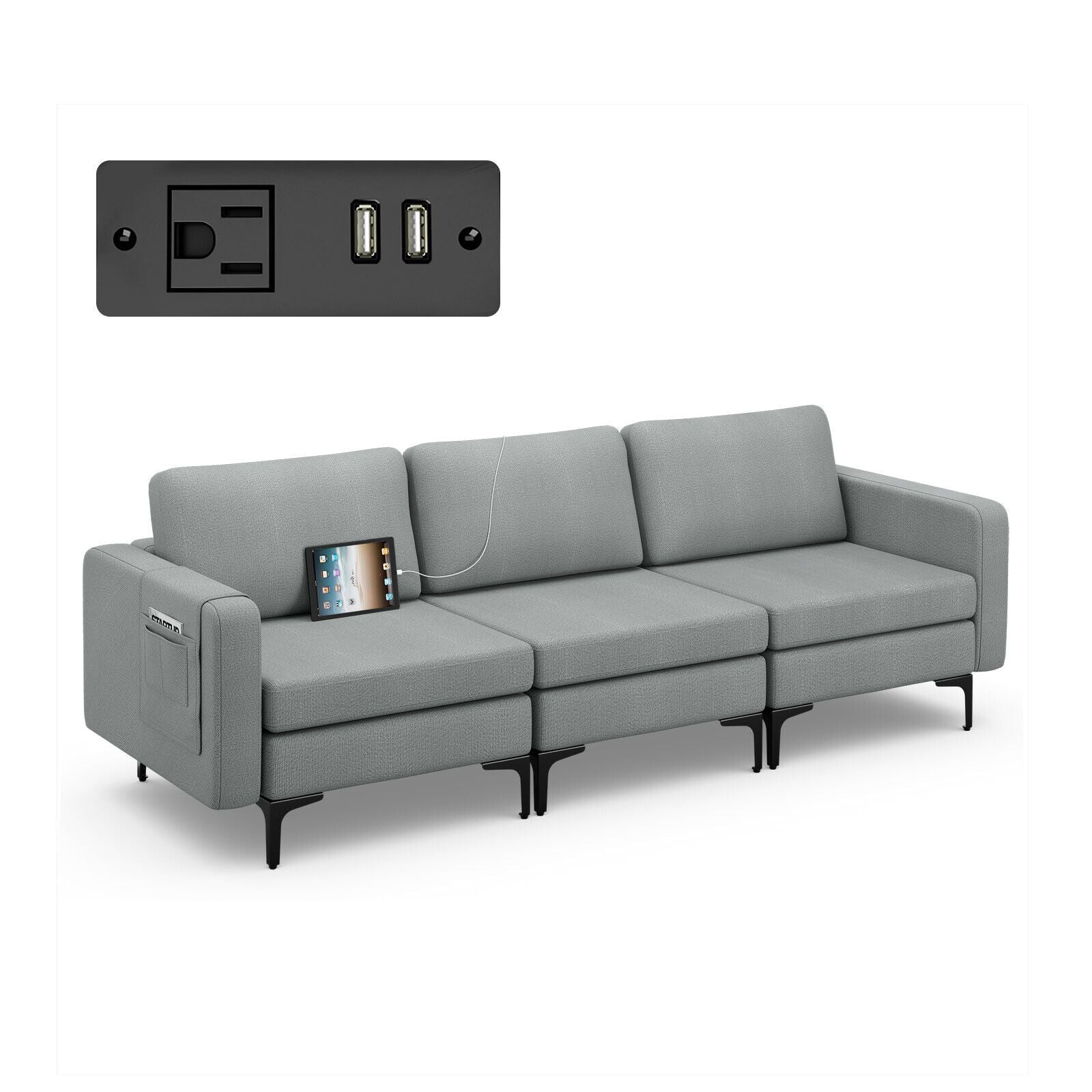 Convertible Sofa Couch with Magazine Pockets 3-Seat with 2 USB Port New Era Fashion LLc