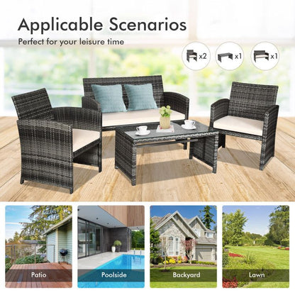 4 Pieces Patio Rattan Furniture Set with Glass Table and Loveseat New Era Fashion LLc