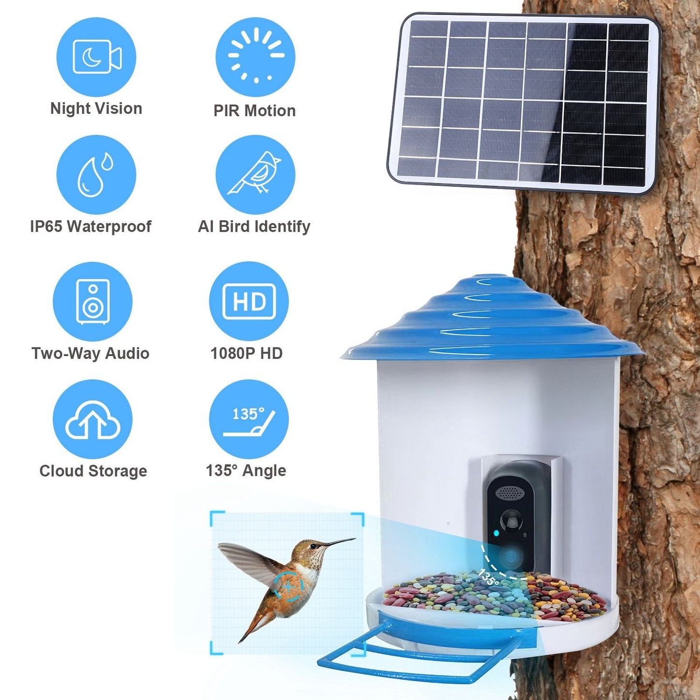 Smart Bird Feeder with Solar Powered Camera 1080P HD AI Identify PIR Motion Auto Capture Video Cloud Card Storage WiFi Connection App Control IP65 Waterproof New Era Fashion LLc