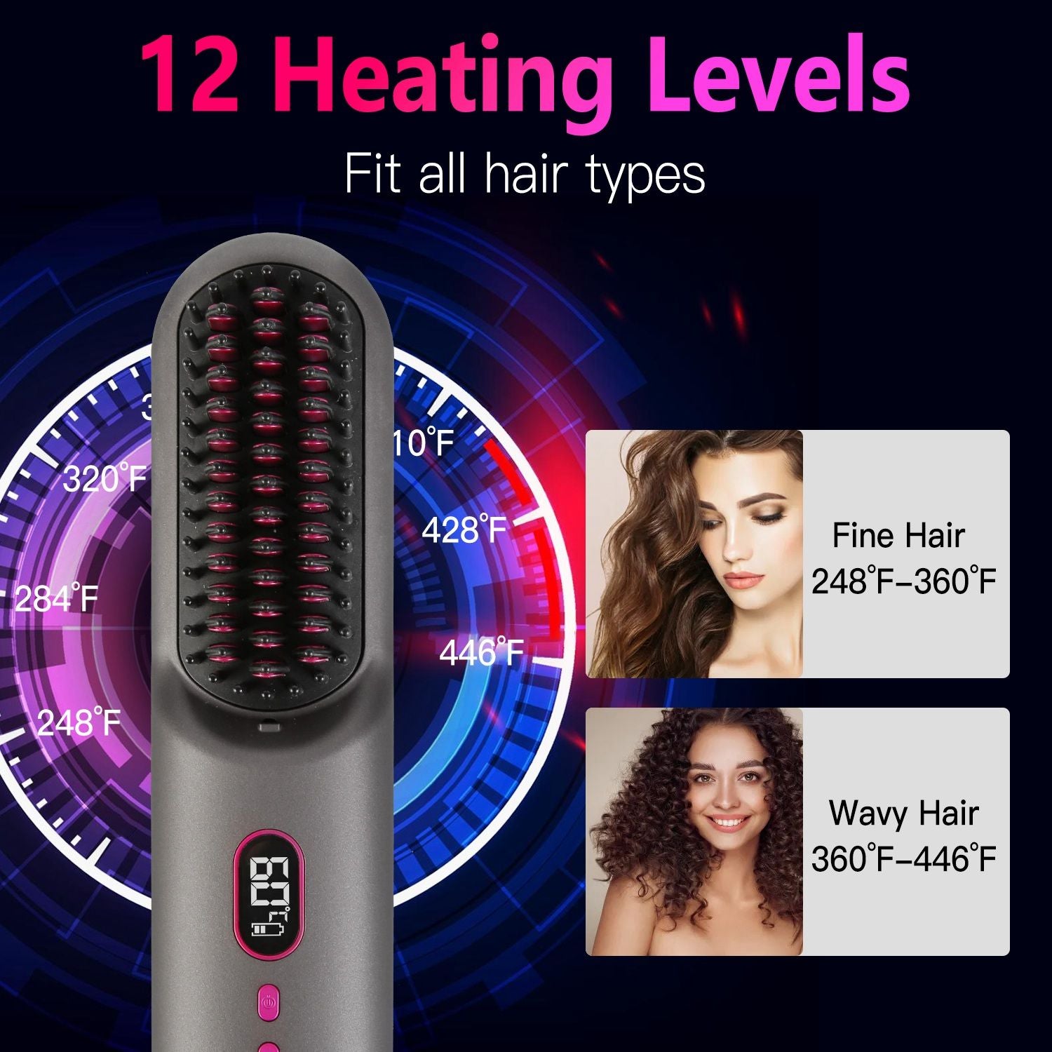 Cordless Negative Ion Hair Straightener Brush Rechargeable Mini Styling Comb with 12 Heating Levels Anti-scald 30S Preheating 30Mins Auto Sleep LCD Display New Era Fashion LLc