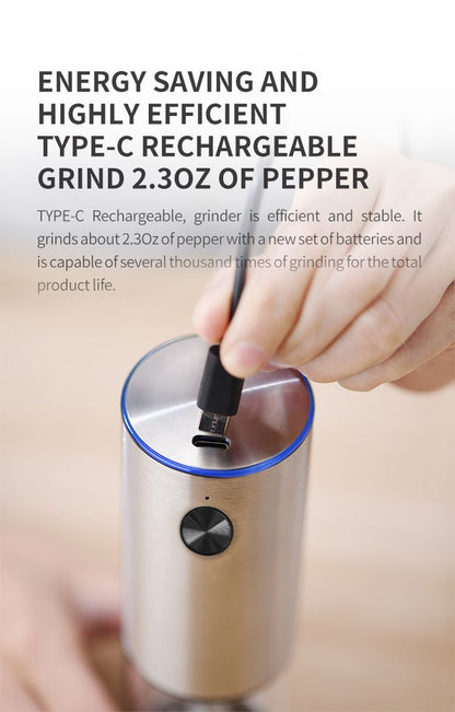 Electric Salt or Pepper Grinder , Stainless Steel with LED Light, Type-C Rechargeable, Ceramic Adjustable Coarseness, 95ml Large Capacity Visible Window, Patented Light Pipe Washable Design for Kitche New Era Fashion LLc