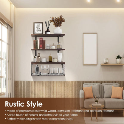 Rustic 2-in-1 Floating Shelves & Storage Basket - Durable Paulownia Wood, 66Lbs Capacity, Corrosion-Resistant Wall Decor New Era Fashion LLc