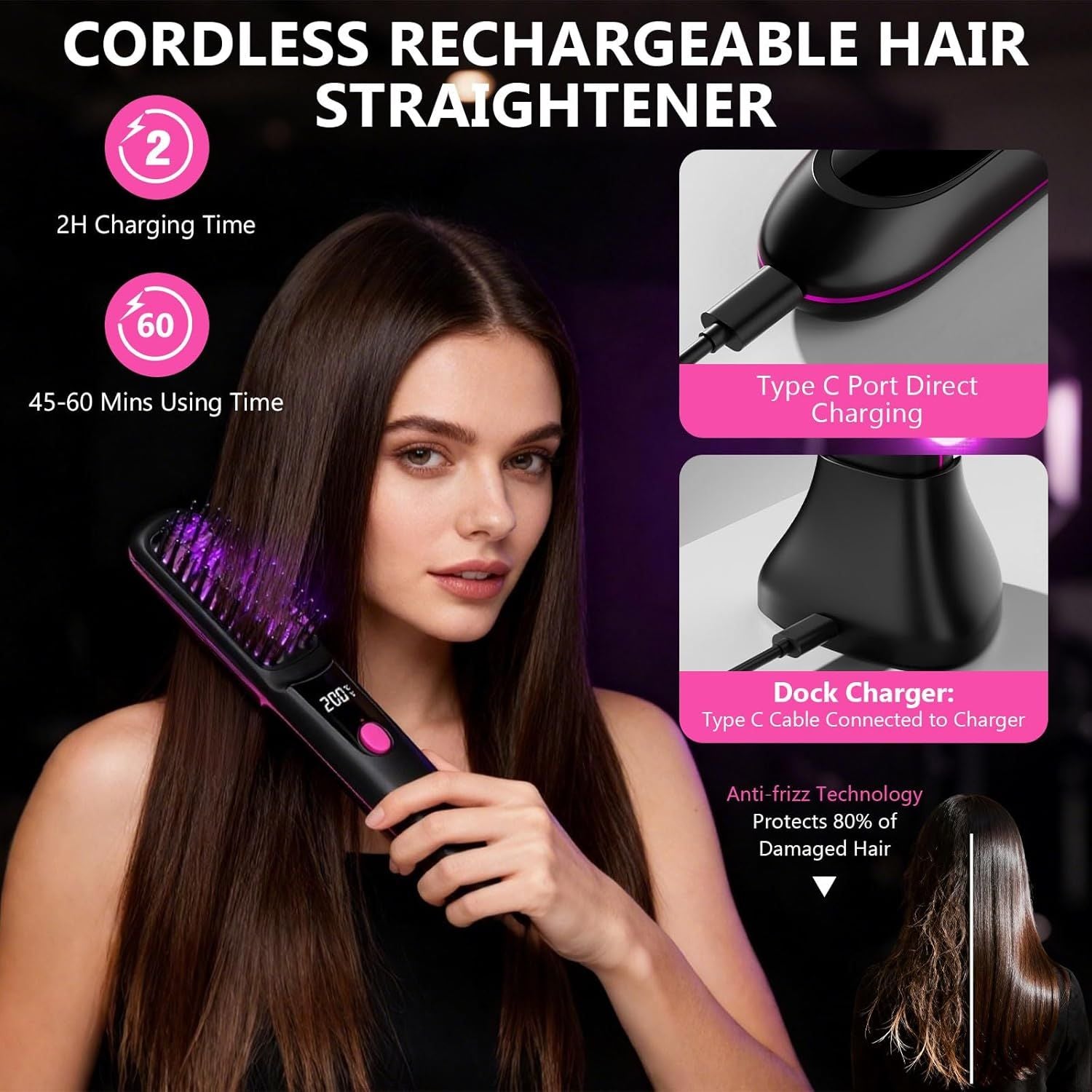 Hair Straightener, Cordless Hair Straightening Brush Portable Cordless Comb with Base Negative Ion Rechargeable Brush for Frizz-Free Shine Straightening, 6400mAh Fast Heating (Black) New Era Fashion LLc