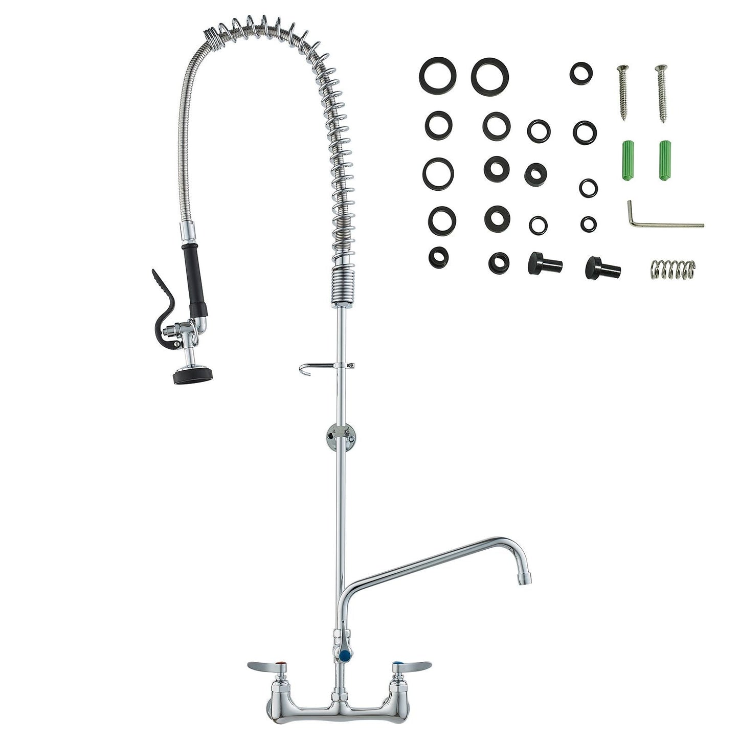 Wall-Mounted Kitchen Faucet, 47" Tall, 8" Apart, with 12" Rotating Spout and Pre-Rinse Spray, Brass Build, Pull-Down Feature for Multi-Compartment Sinks New Era Fashion LLc