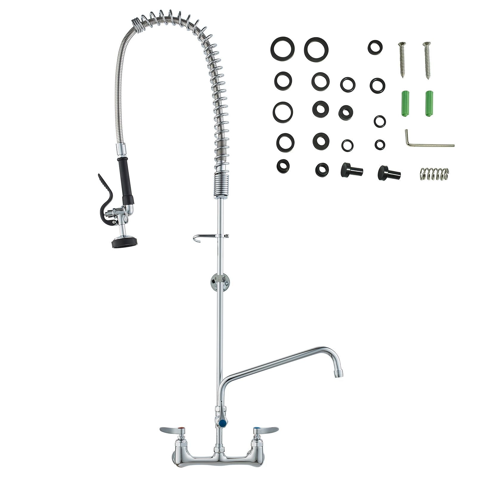 Wall-Mounted Kitchen Faucet, 47" Tall, 8" Apart, with 12" Rotating Spout and Pre-Rinse Spray, Brass Build, Pull-Down Feature for Multi-Compartment Sinks New Era Fashion LLc