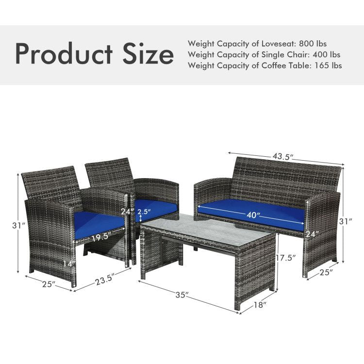 4 Pieces Patio Rattan Furniture Set with Glass Table and Loveseat New Era Fashion LLc