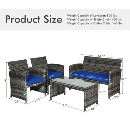 4 Pieces Patio Rattan Furniture Set with Glass Table and Loveseat New Era Fashion LLc