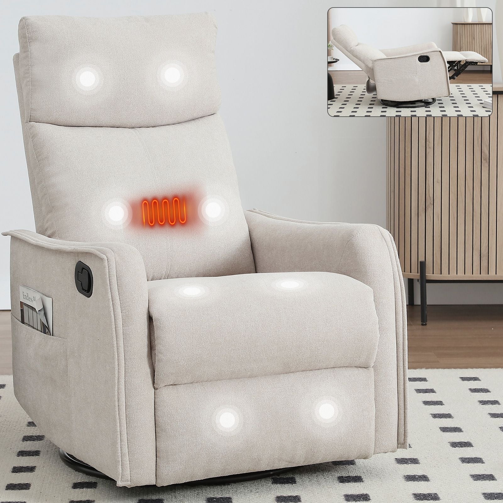 Heat Massage Manual Recliner Chair with Rocker and Swivel in Fabric for Living Room, Beige New Era Fashion LLc
