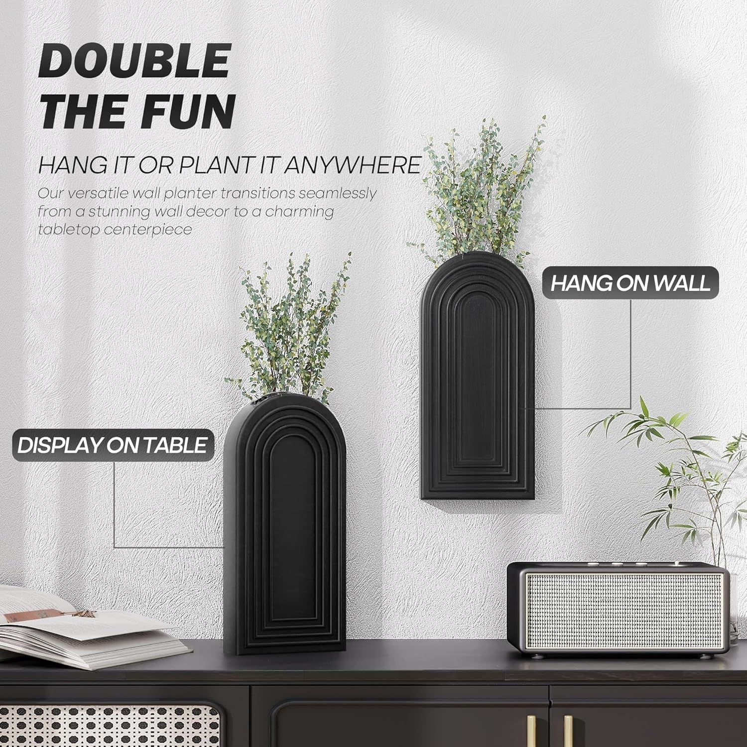 Pine Wood Wall Vases Set of 2 – Modern Wall Decor & Hanging Planters for Indoor Plants – Boho Home Decor Accent with Rustic Charm for Living Room, Kitchen & Bedroom (Black) New Era Fashion LLc