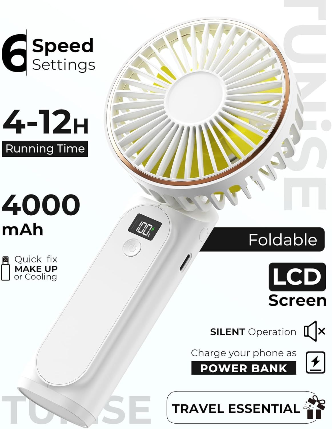 Portable Handheld Fan, Portable Fan Rechargeable, 4000mAh, 180° Adjustable, 6 Speed Wind, Display Electricity in Real Time, USB Rechargeable Foldable F an, Quiet Personal Fan as Power Bank New Era Fashion LLc