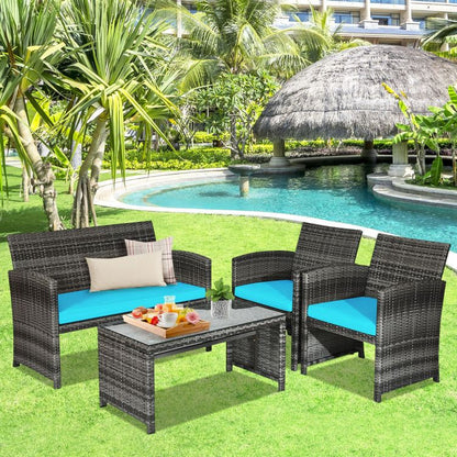 4 Pieces Patio Rattan Furniture Set with Glass Table and Loveseat New Era Fashion LLc