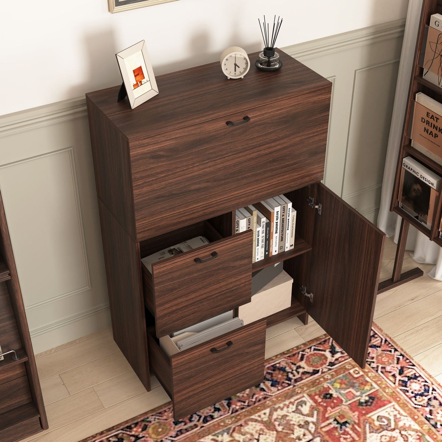 Bar Cabinet with Storage Drawer & Shelves, Fold-up Desktop, Ideal for Home,Dormitory, Small Spaces New Era Fashion LLc