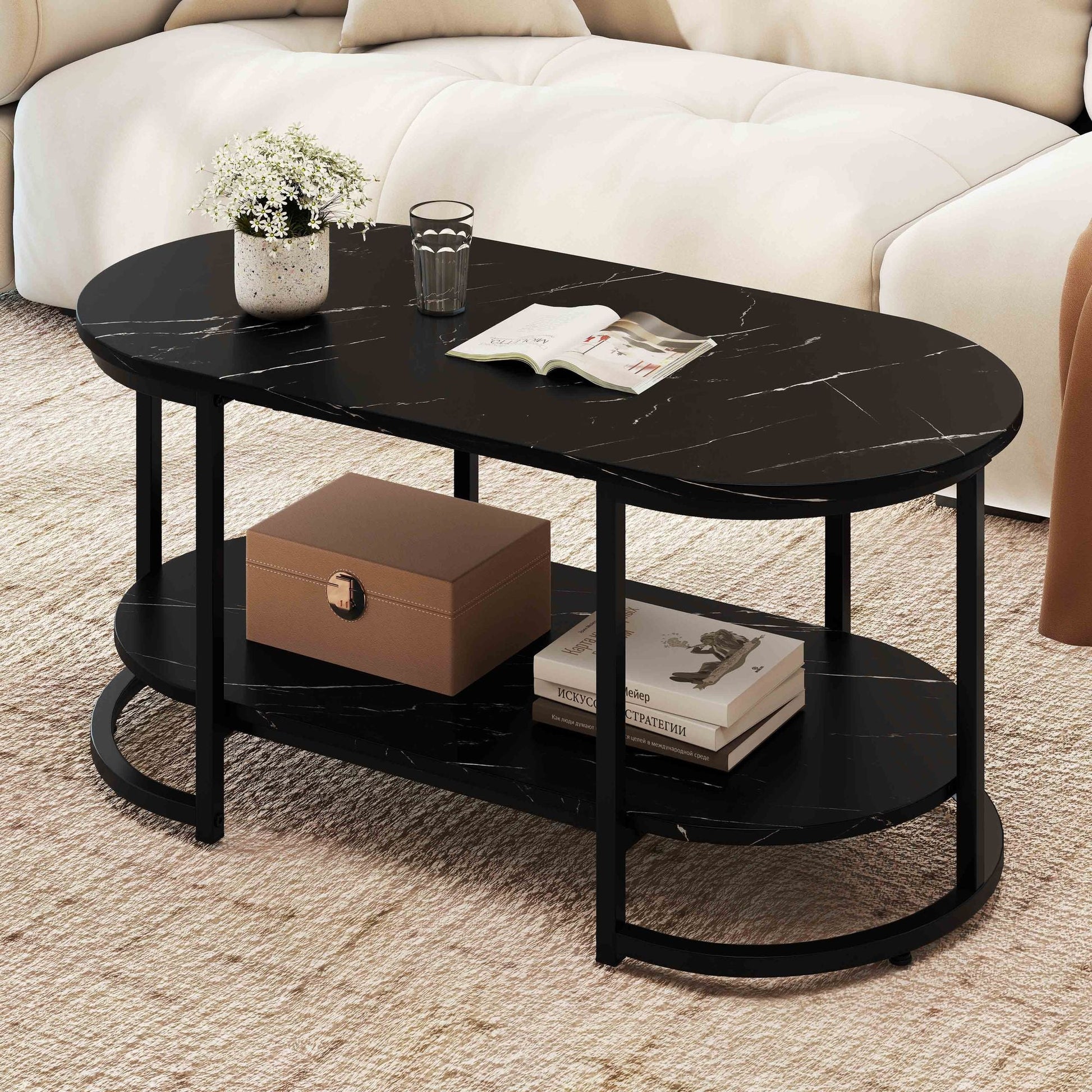 Marble Coffee Table with Open Storage Shelf New Era Fashion LLc