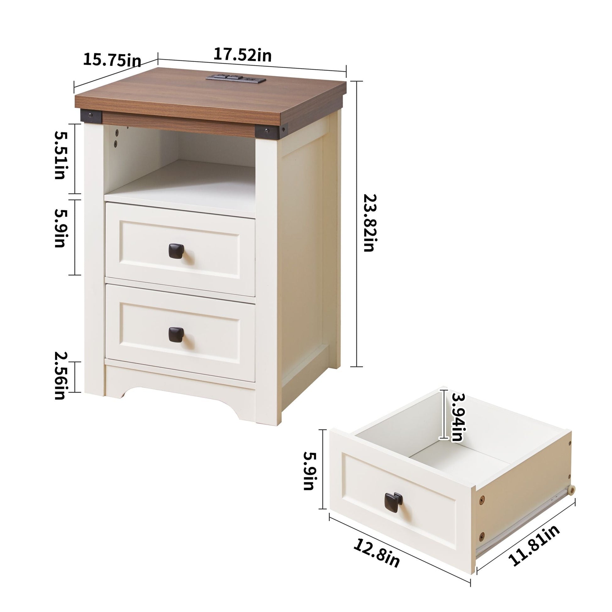Farmhouse Side Table with Charging Station, Antique Nightstands with Drawers, Bedside Table with Open Shelf for Bedroom New Era Fashion LLc