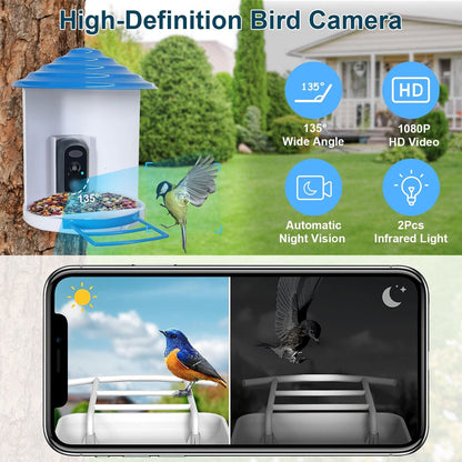 Smart Bird Feeder with Solar Powered Camera 1080P HD AI Identify PIR Motion Auto Capture Video Cloud Card Storage WiFi Connection App Control IP65 Waterproof New Era Fashion LLc