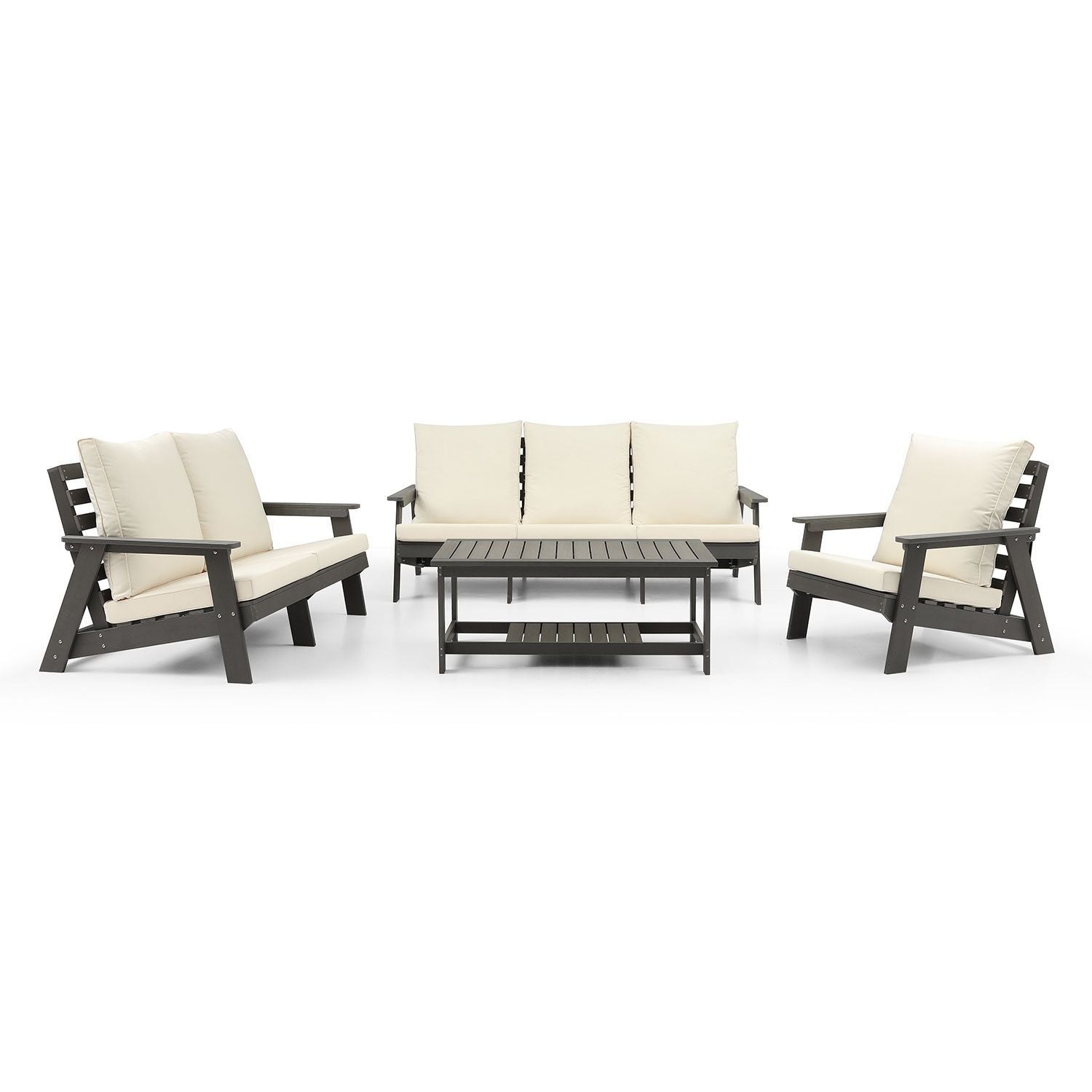 HIPS Loveseat with Cushion, Wood Grain Outdoor Garden Sofa, Sofa Set for Porch, Poolside, Terrace, and Yard Grey/Beige New Era Fashion LLc
