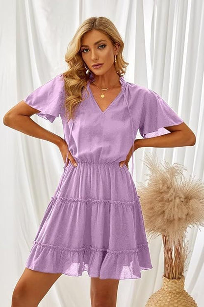 Womens Purple XL Short Sleeve Ruffle V Neck Chiffon Dress Flowy A Line Mini Summer Casual Elegant Lightweight New Era Fashion LLc
