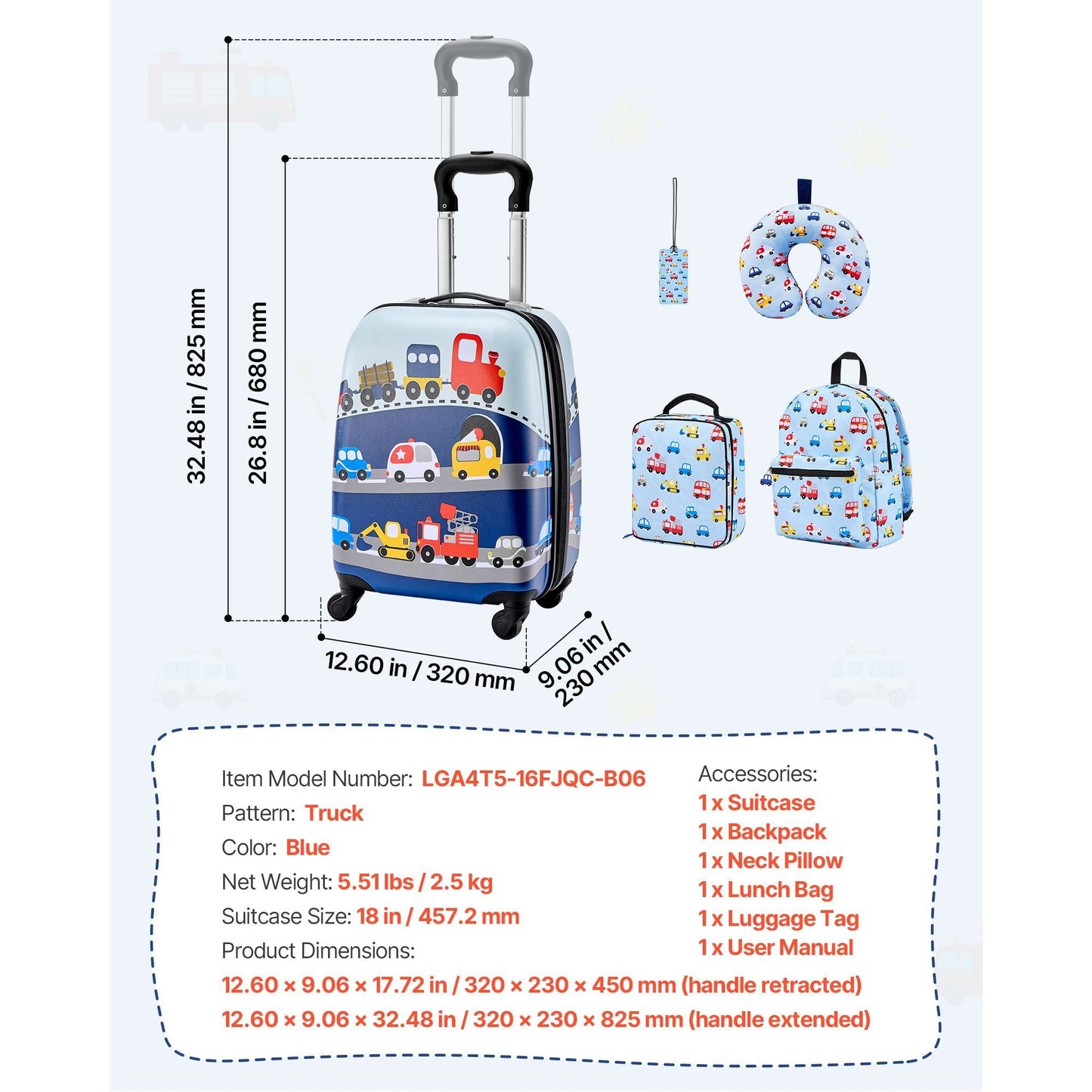 Kids Luggage Set, 5 Piece, 18 Inch Hardside Rolling Wheels Suitcase with Backpack & U-shape Pillow, Truck Kids Carry on Luggage Set, Holiday Birthday Gift for Girls Boys, Airline Approved New Era Fashion LLc