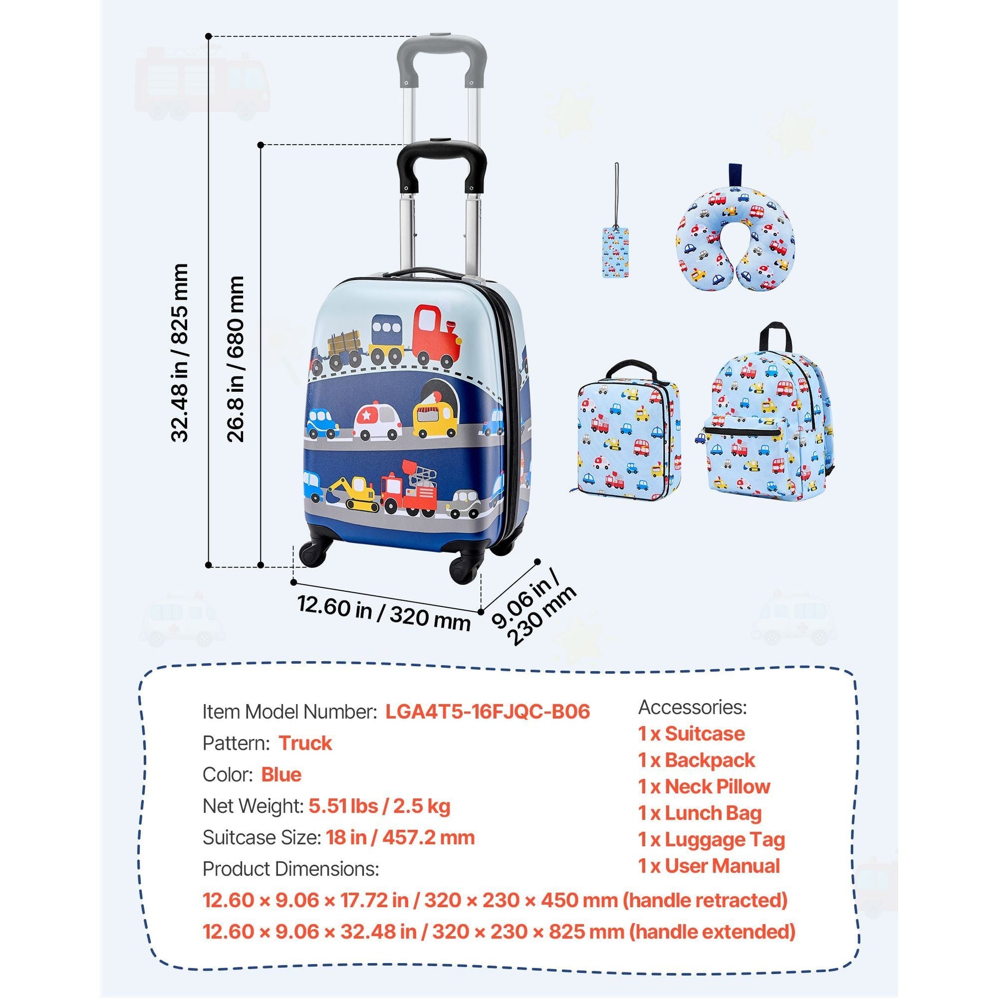 Kids Luggage Set, 5 Piece, 18 Inch Hardside Rolling Wheels Suitcase with Backpack & U-shape Pillow, Truck Kids Carry on Luggage Set, Holiday Birthday Gift for Girls Boys, Airline Approved New Era Fashion LLc