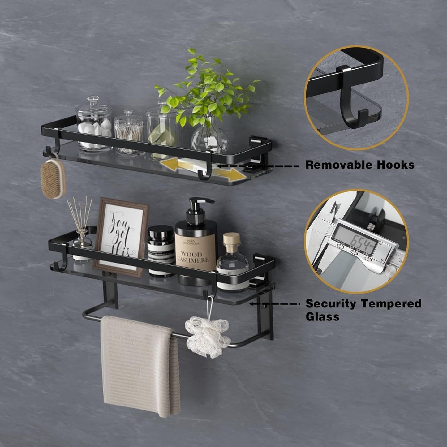 Glass Shelf for Bathroom 15.7 in Bathroom Shelves with Towel Bar Tempered Glass Shelves for Wall(2 Tier) New Era Fashion LLc