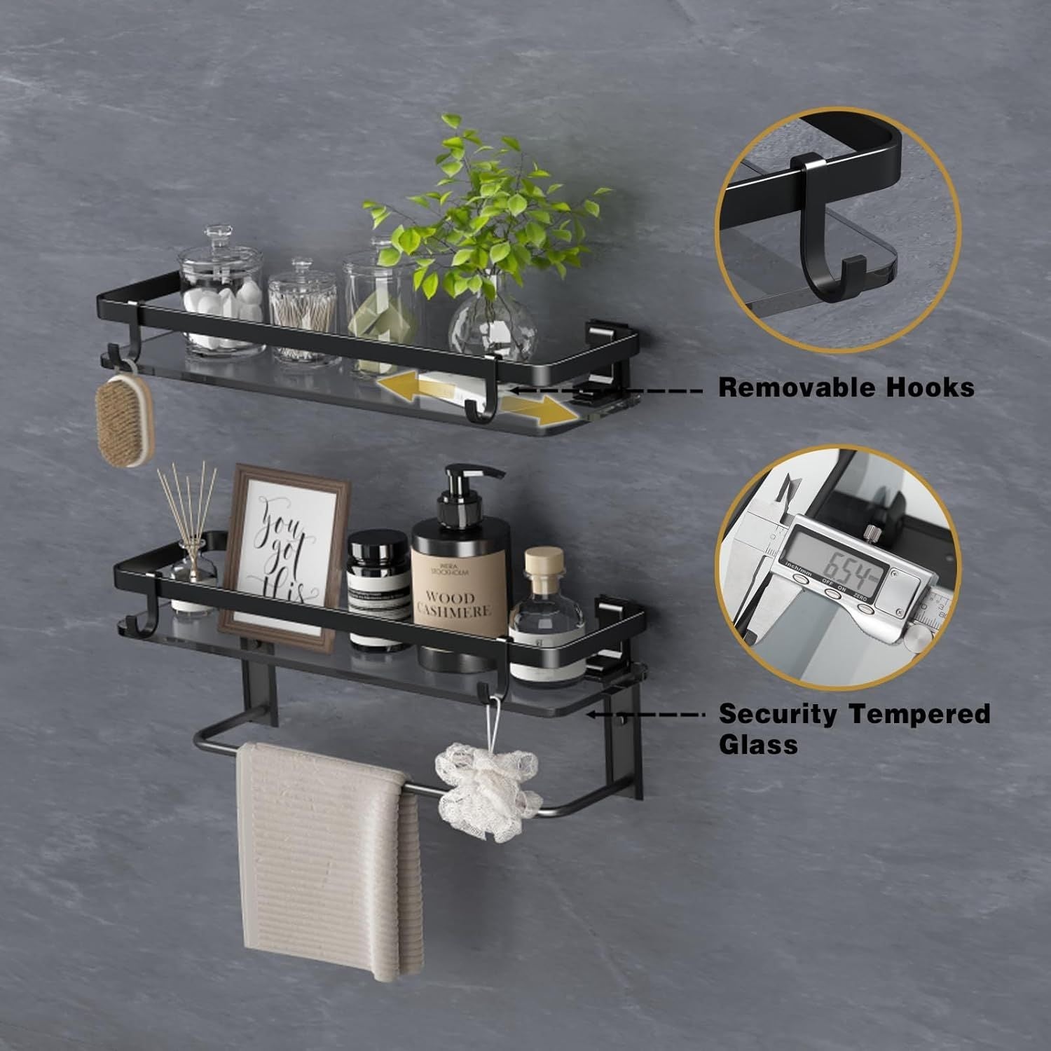 Glass Shelf for Bathroom 15.7 in Bathroom Shelves with Towel Bar Tempered Glass Shelves for Wall(2 Tier) New Era Fashion LLc