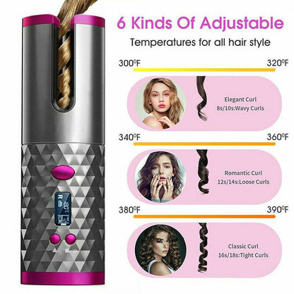 Hair Curler LCD Cordless Auto Rotating Waver Curling Iron Ceramic Wireless USA New Era Fashion LLc