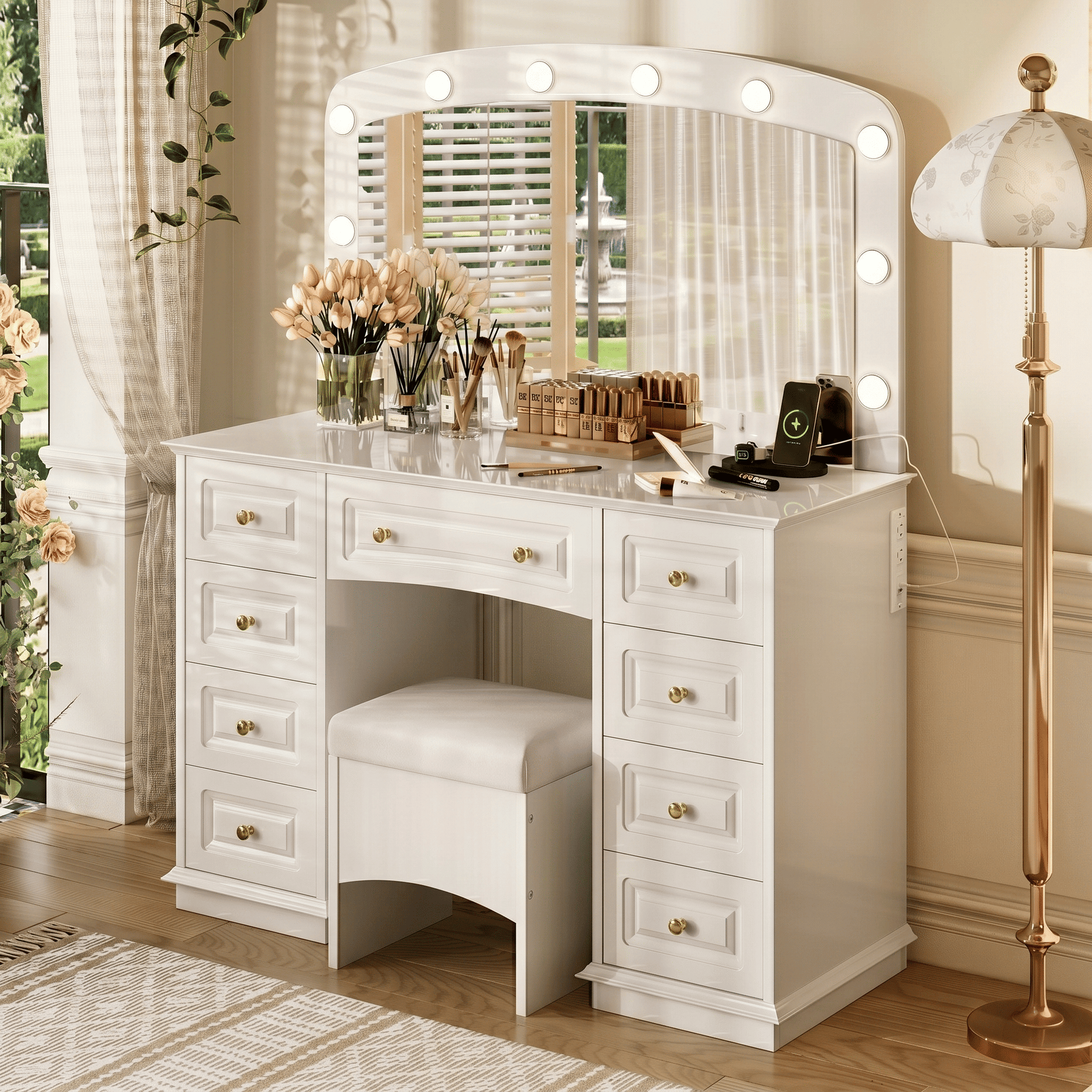 Luxurious Makeup Vanity with 10 Hollywood Bulbs, 3 Color Lighting Modes, Classic Dressing Table with Cushioned Stool and 9 Storage Drawers for Bedroom New Era Fashion LLc