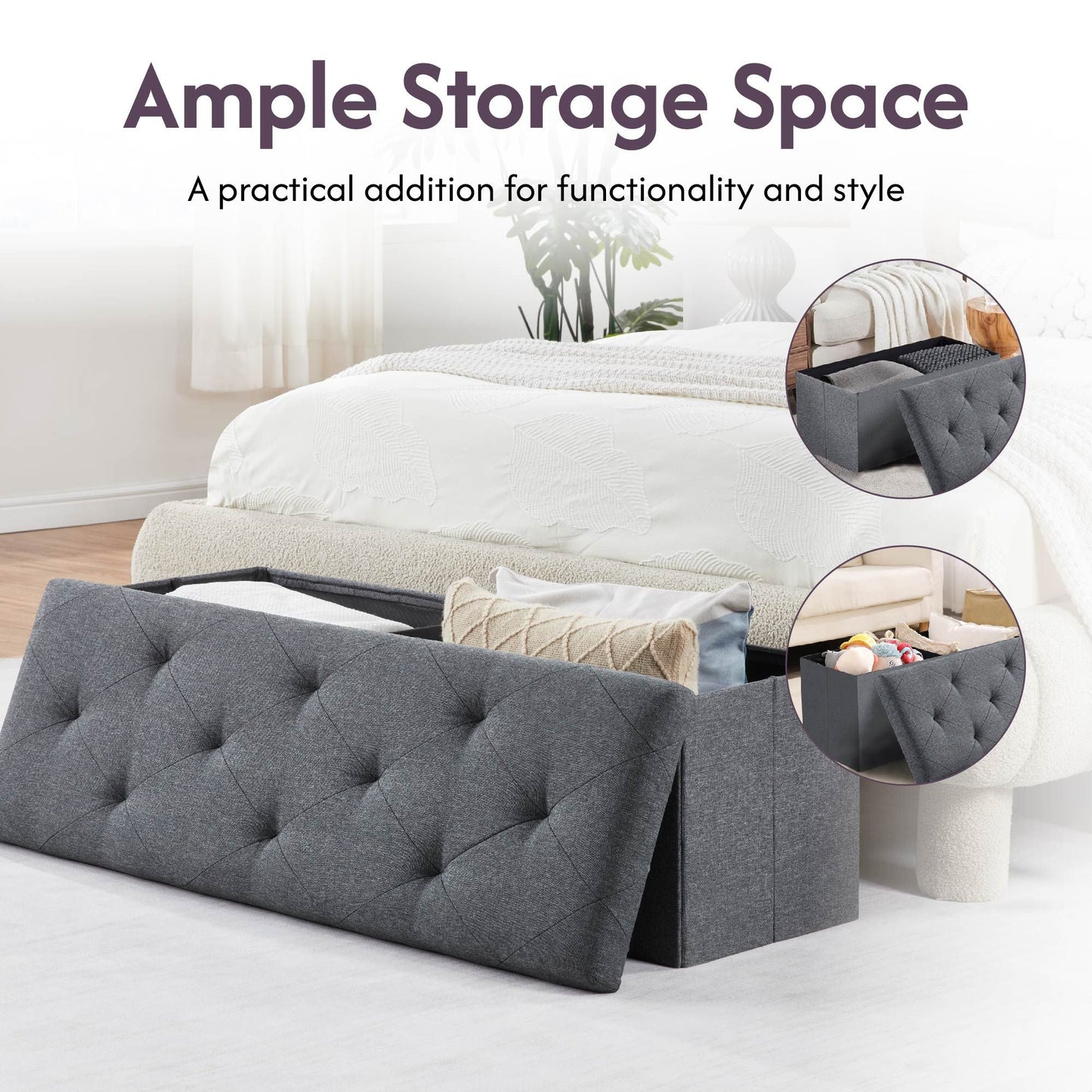 Folding Storage Ottoman Bench, Ottoman Foot Rest, End of Bed Bench, Storage Chest, for Living Room, Bedroom, Entryway, 43 Inches, Gray New Era Fashion LLc
