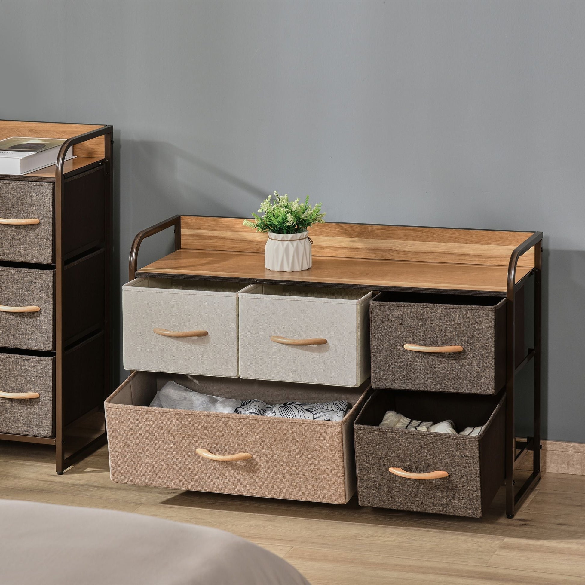 5-Bin Dresser Storage Tower Cabinet Organizer Unit, Chest Dresser Drawers with Metal Frame for Bedroom, Multicoloured New Era Fashion LLc