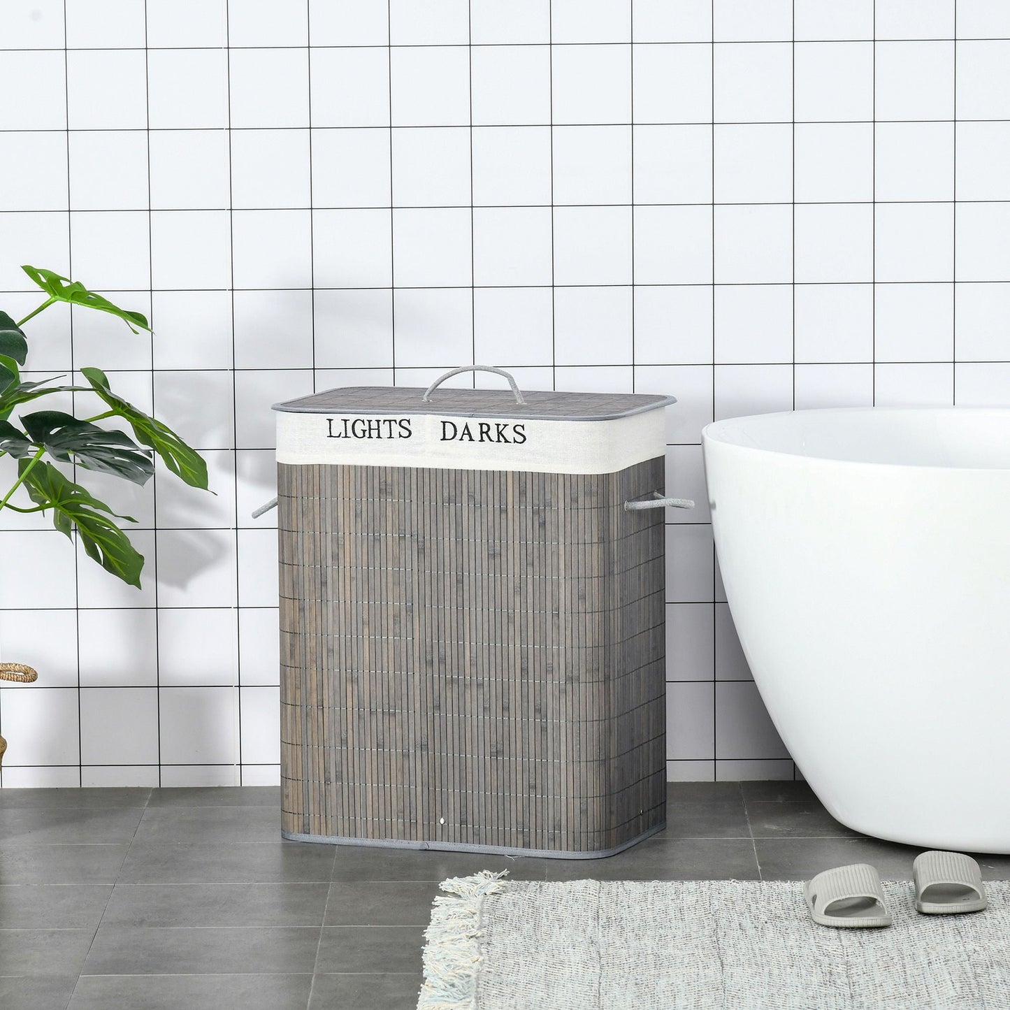 26.4-Gals Bamboo Laundry Hamper with Lid and Handles, 2-Section Collapsible Laundry Basket, Gray New Era Fashion LLc