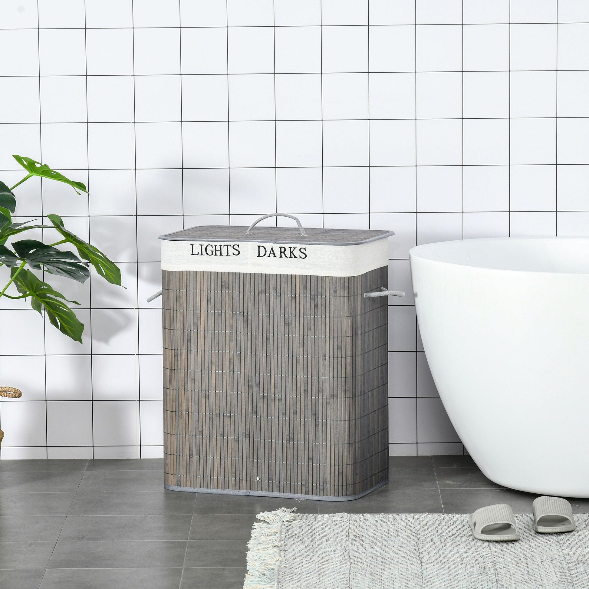 26.4-Gals Bamboo Laundry Hamper with Lid and Handles, 2-Section Collapsible Laundry Basket, Gray New Era Fashion LLc