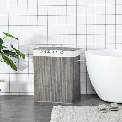 26.4-Gals Bamboo Laundry Hamper with Lid and Handles, 2-Section Collapsible Laundry Basket, Gray New Era Fashion LLc