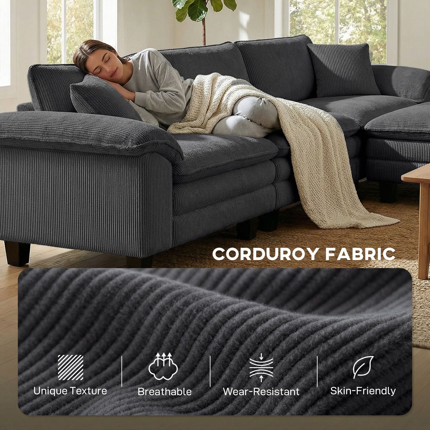 Sectional Sofa, L Shaped Couch with Deep Seat, Movable Ottoman and Pillow-top Armrests, Dark Gray New Era Fashion LLc