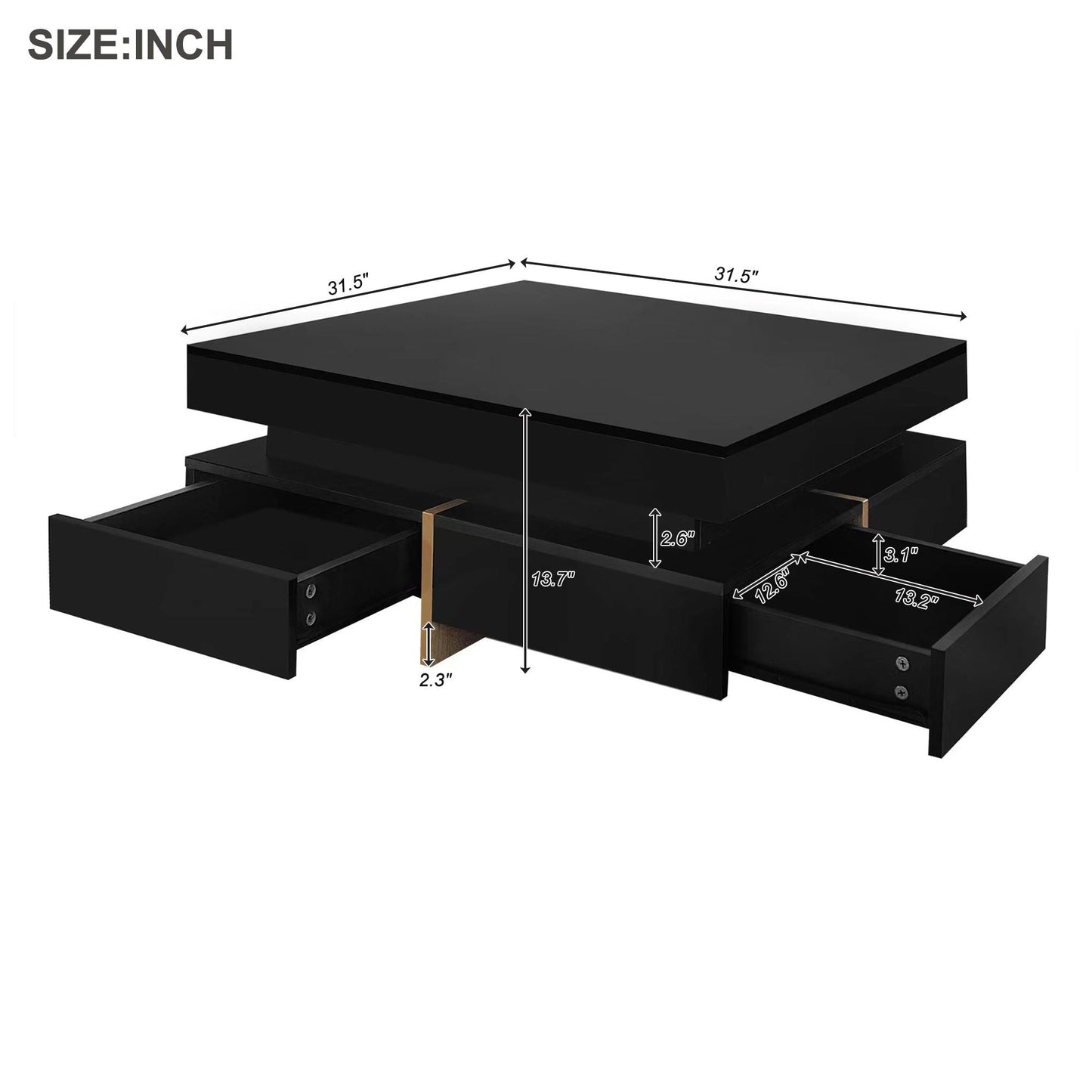 Sleek Black High Gloss Modern Coffee Table with 4 Drawers for Organized Living Rooms, Square Design with Wood Grain Legs, Ideal Cocktail Table 31.5''x31.5'' New Era Fashion LLc