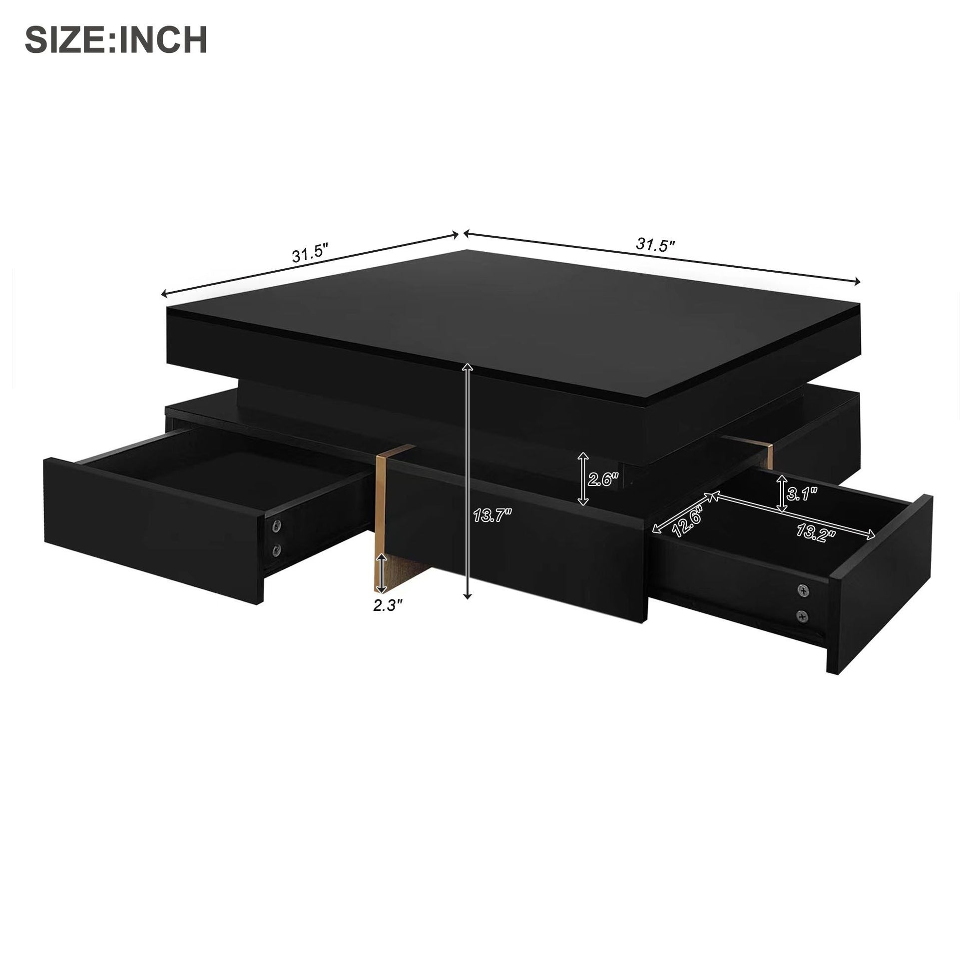 Sleek Black High Gloss Modern Coffee Table with 4 Drawers for Organized Living Rooms, Square Design with Wood Grain Legs, Ideal Cocktail Table 31.5''x31.5'' New Era Fashion LLc