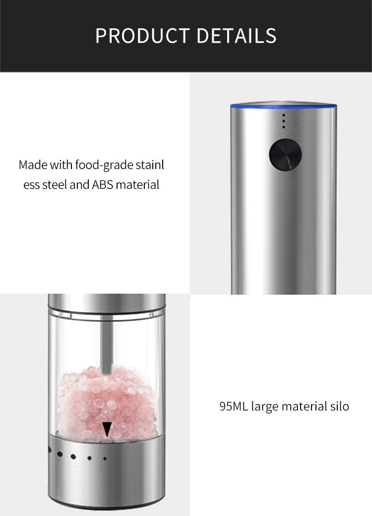 Electric Salt or Pepper Grinder , Stainless Steel with LED Light, Type-C Rechargeable, Ceramic Adjustable Coarseness, 95ml Large Capacity Visible Window, Patented Light Pipe Washable Design for Kitche New Era Fashion LLc