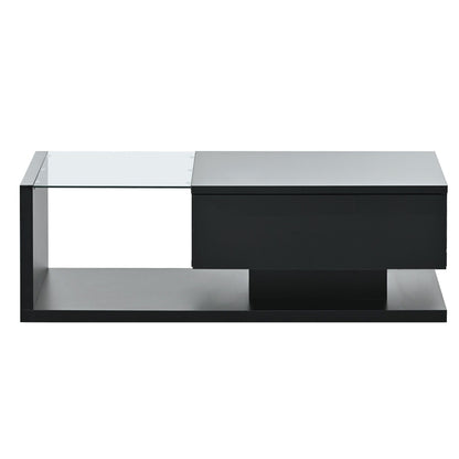[VIDEO provided] ON-TREND Modern Coffee Table with Tempered Glass, Wooden Cocktail Table with High-gloss UV Surface, Modernist 2-Tier Rectangle Center Table for Living Room, Black New Era Fashion LLc