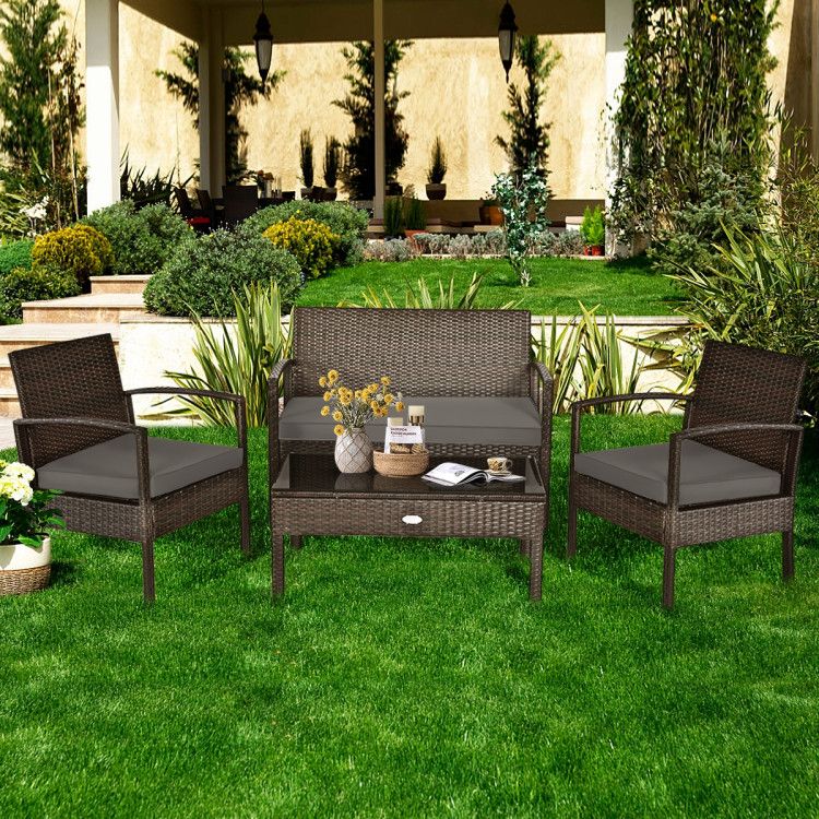 4 Pieces Patio Rattan Cushioned Furniture Set with Loveseat and Table Outdoor Conversation Sets New Era Fashion LLc