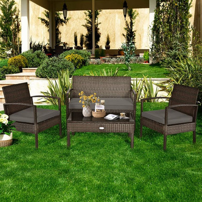 4 Pieces Patio Rattan Cushioned Furniture Set with Loveseat and Table Outdoor Conversation Sets New Era Fashion LLc