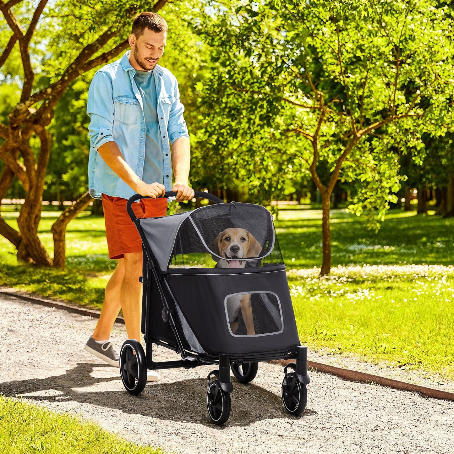 Pet Stroller Dog Cat Carriage One Click Fold with Universal Front Wheels Shock Absorber Brakes Storage Bags Mesh Window New Era Fashion LLc