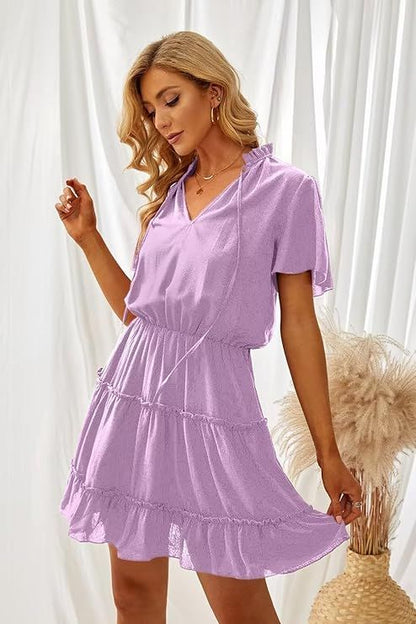 Womens Purple XL Short Sleeve Ruffle V Neck Chiffon Dress Flowy A Line Mini Summer Casual Elegant Lightweight New Era Fashion LLc