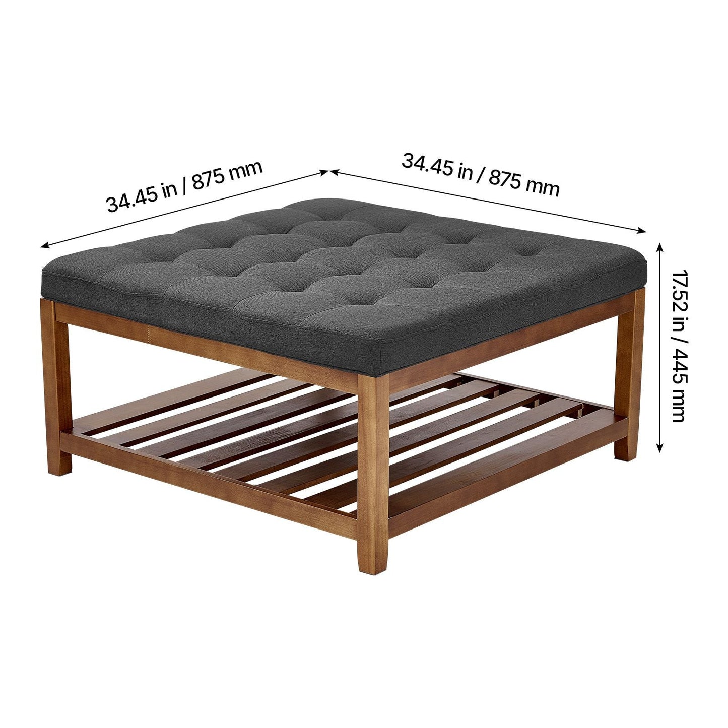 Large Square Ottoman Coffee Table, 34.5 Inch Tufted Coffee Table with Solid Wood Shelf Storage, Linen Solid Upholstered Footrest Ottoman for Bedroom Living Room, 400 LBS, Dark Gray New Era Fashion LLc