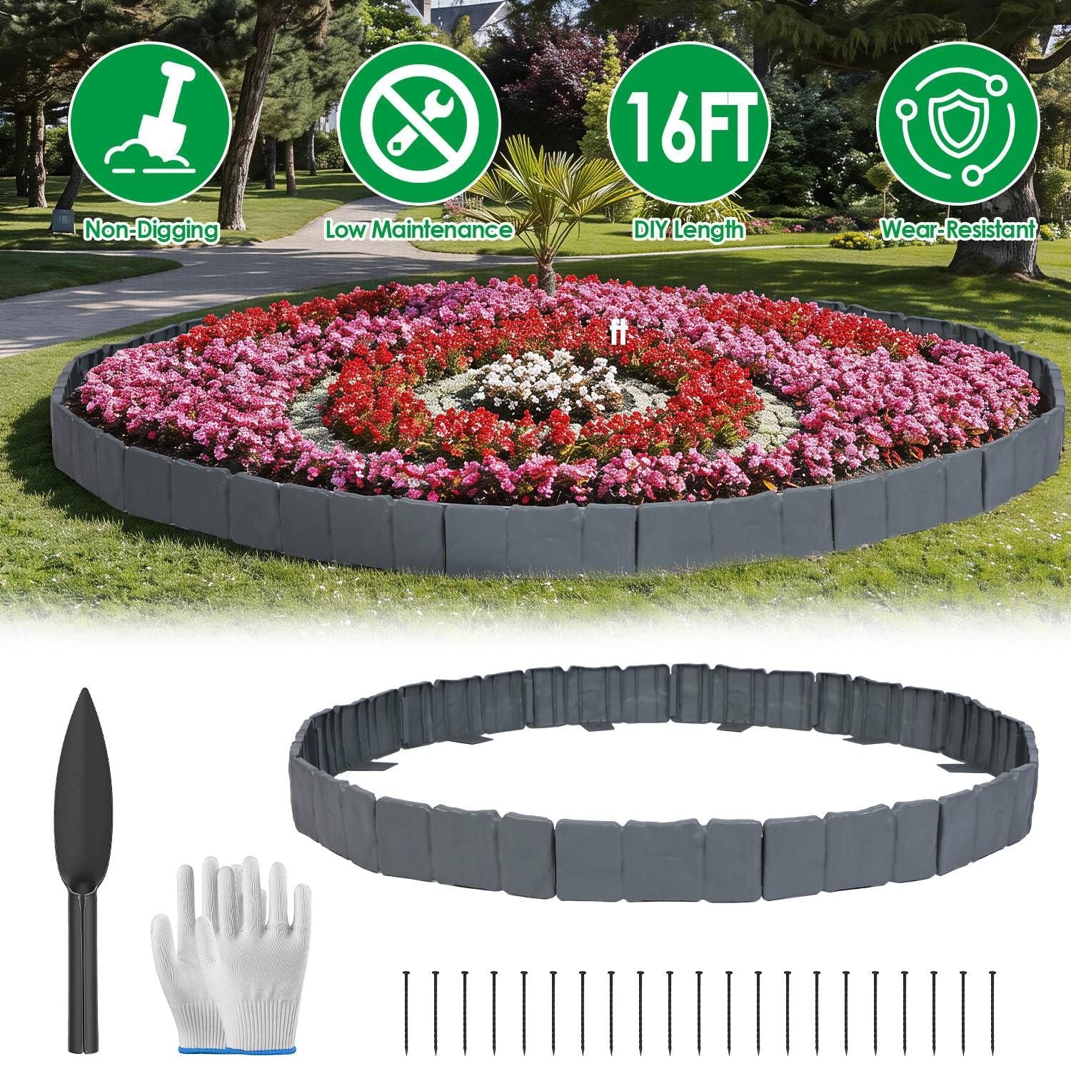 Flexible Cobblestone Landscape Edging, Weather Resistant PVC Garden Border Edging with Spikes & Shovel, Interlocking No Dig Lawn Edging for Yard Flower Bed Pathway New Era Fashion LLc