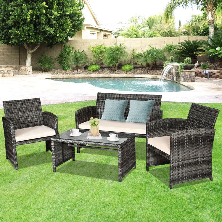 4 Pieces Patio Rattan Furniture Set with Glass Table and Loveseat New Era Fashion LLc