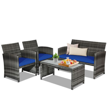 4 Pieces Patio Rattan Furniture Set with Glass Table and Loveseat New Era Fashion LLc