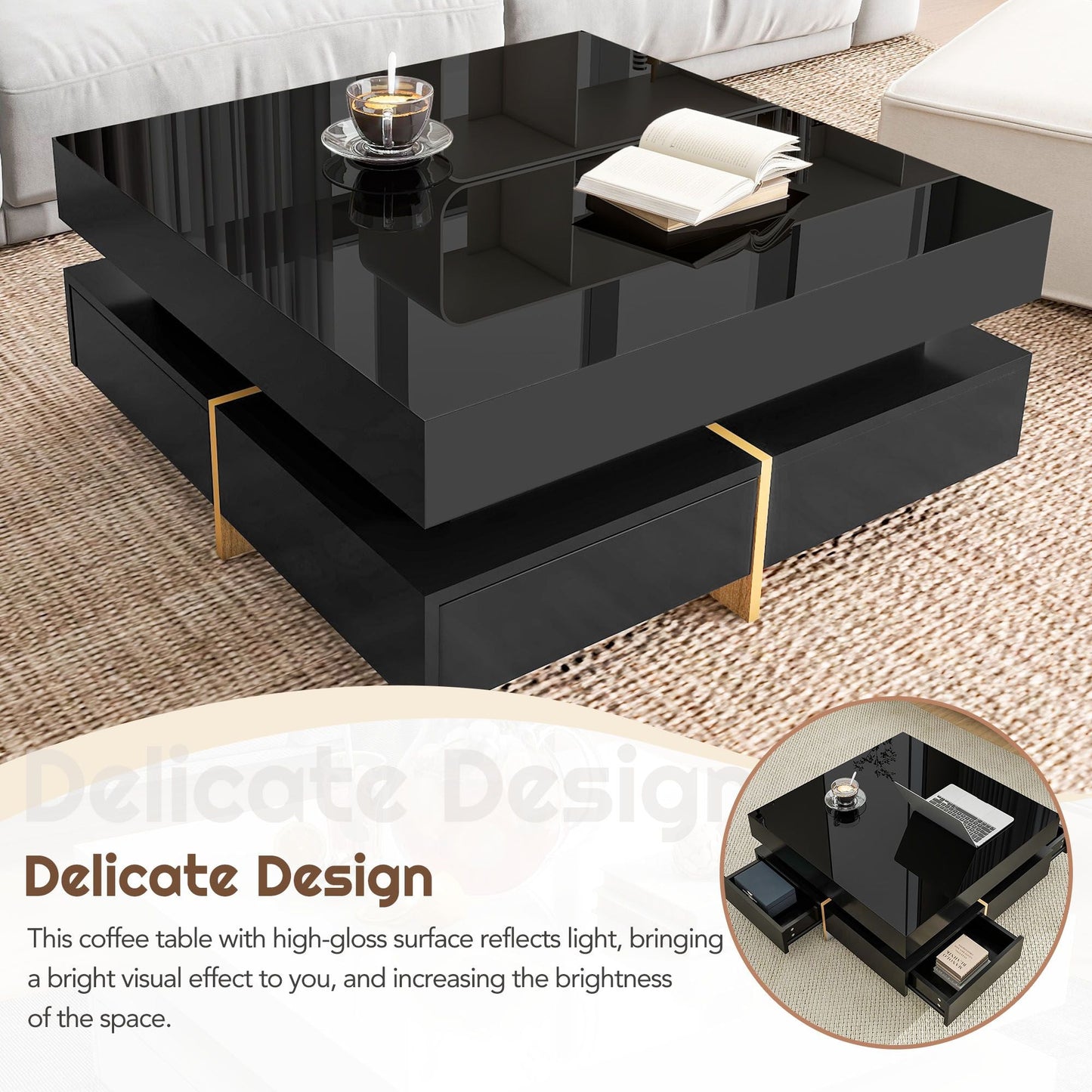 Sleek Black High Gloss Modern Coffee Table with 4 Drawers for Organized Living Rooms, Square Design with Wood Grain Legs, Ideal Cocktail Table 31.5''x31.5'' New Era Fashion LLc