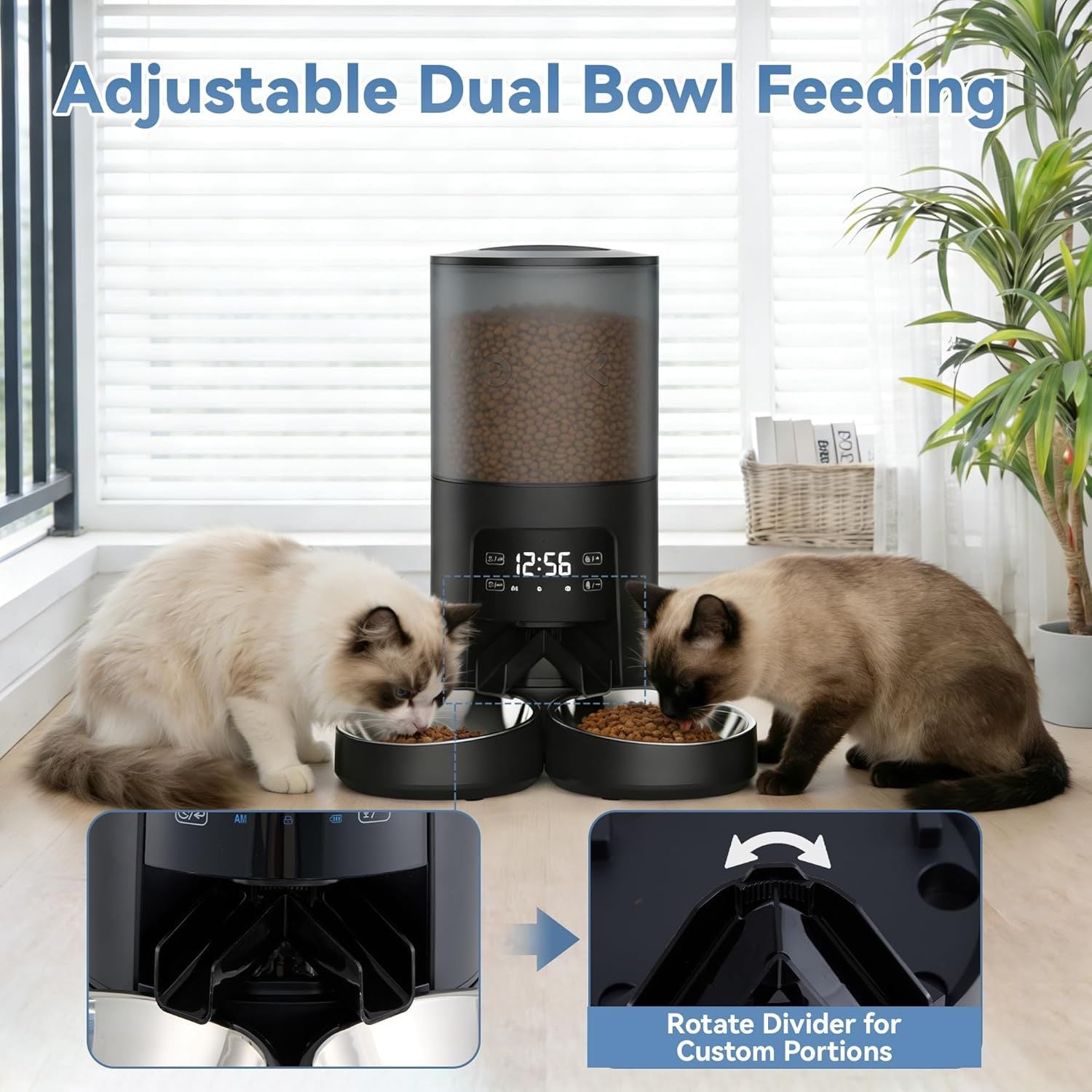 6L Automatic Cat Feeder for 2 Cats, Timed Cat Food Dispenser with 2 Stainless Bowls, 10s Voice Recorder, Dual Power Supply, 6 Meals 50 Portions Per Day, Dual Pet Feeder for Cat and Dog New Era Fashion LLc