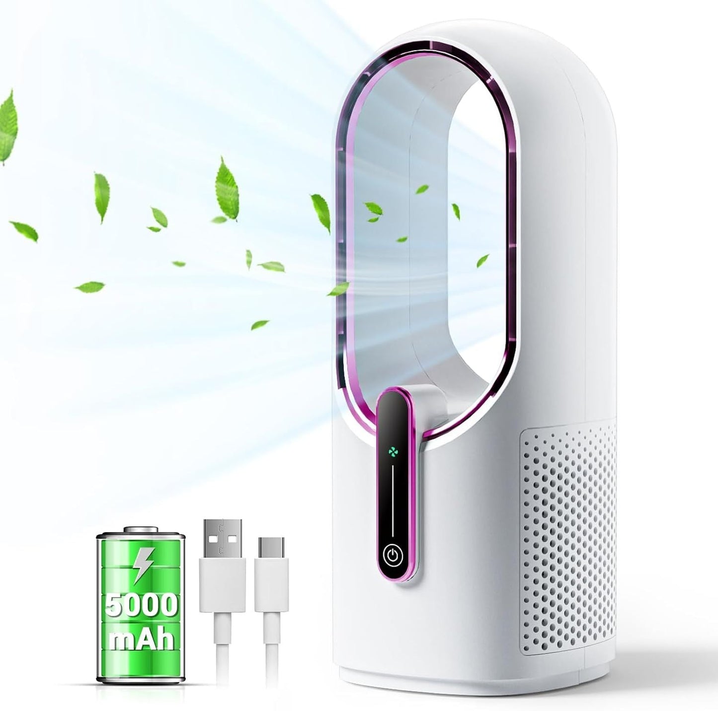 Bladeless Desk Fan, 11.8 Inch Small Rechargeable Fan, Quiet Office Fan, 3 Speeds, Touch Control, Easy to Clean, Desk Fan Small Quiet, Ideal for Home, Office, Travel New Era Fashion LLc