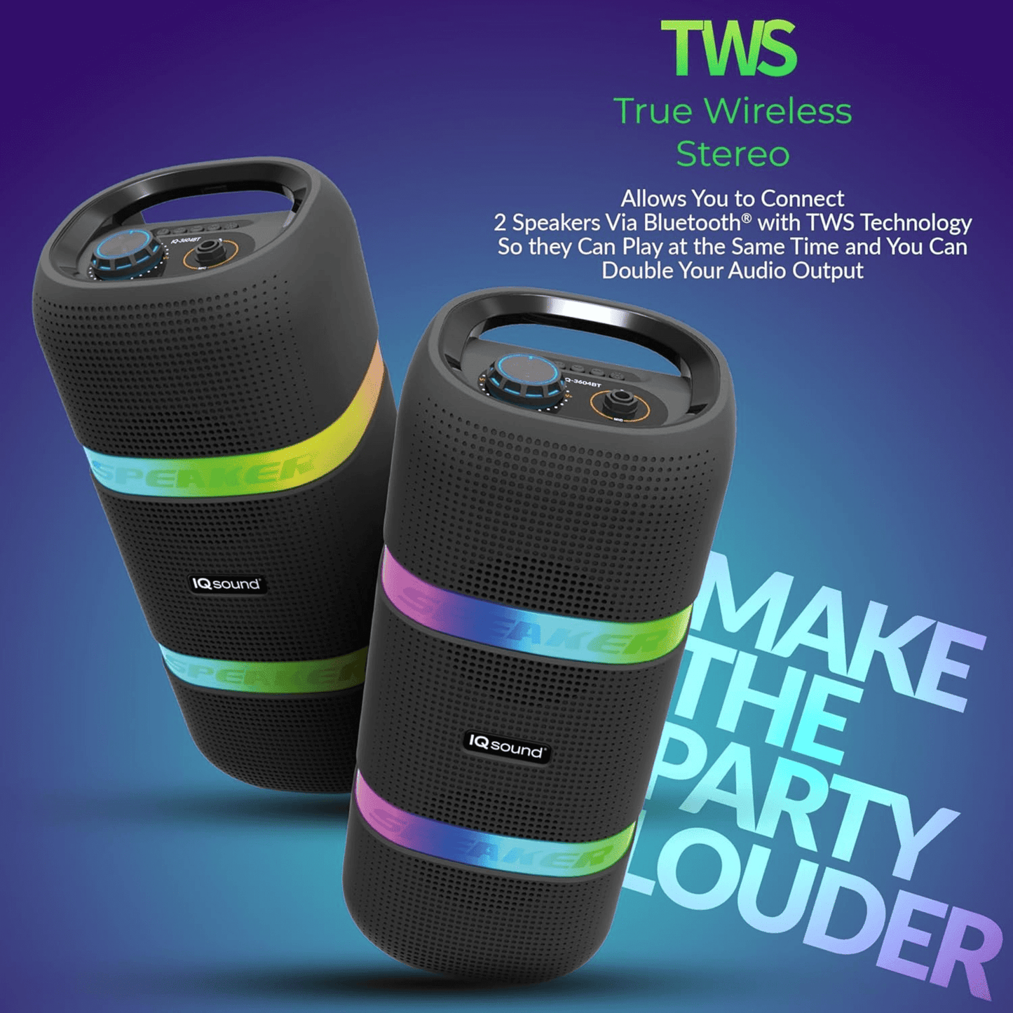 IQ Sound 2 x 4-Inch Portable Bluetooth TWS LED Speaker New Era Fashion LLc